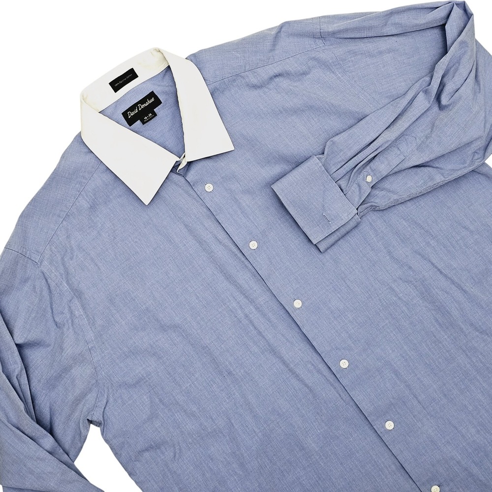 David Donahue Dress Shirt Mens 18 35 Blue White Contrast Collar French Cuff Ivy